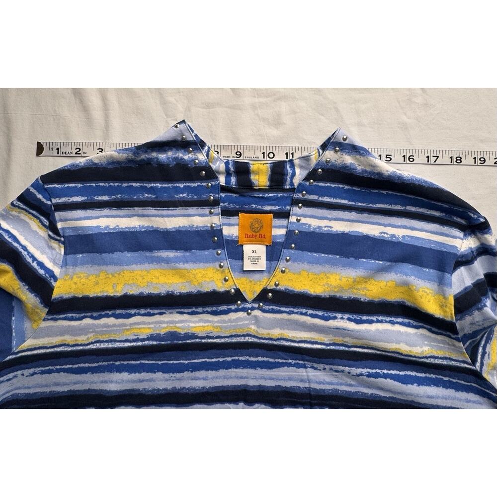 Ruby Rd XL Top Blue Yellow Stripe 3/4 Sleeve V-neck Silver Studs Runs Small - Picture 3 of 11